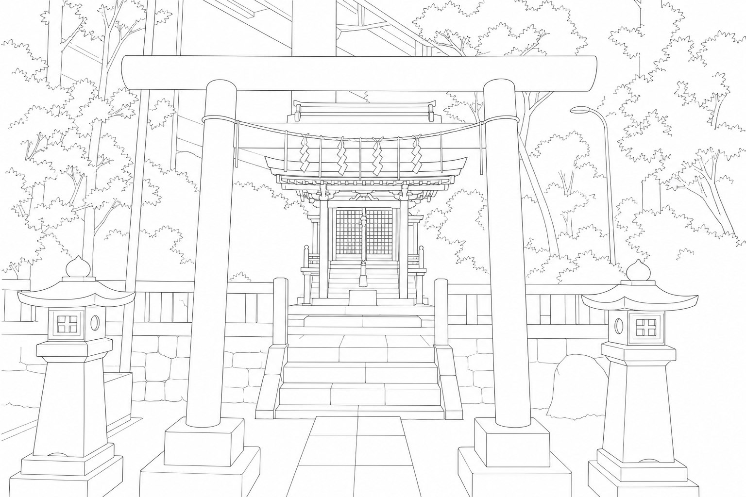 都市の社と鳥居のラインイラスト